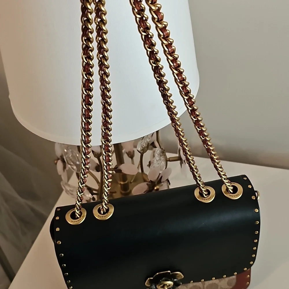 Coach Tea Rose handbag.  Chic Black and Brown Designer Handbag with Gold Chain - Picture 2 of 10